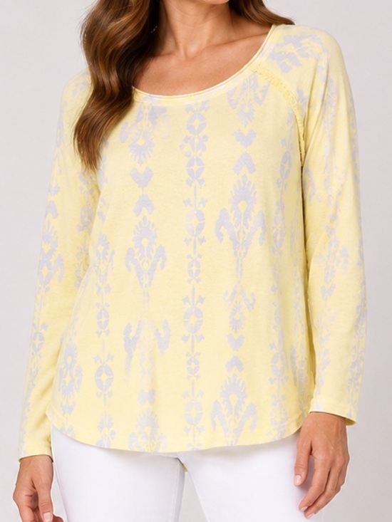 Democracy Tops - Democracy Yellow Floral Print Long Sleeve Knit Top XL Boho Casual